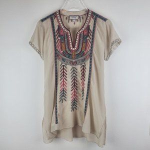 Johnny Was cream tunic embroidered boho S short sleeve summer